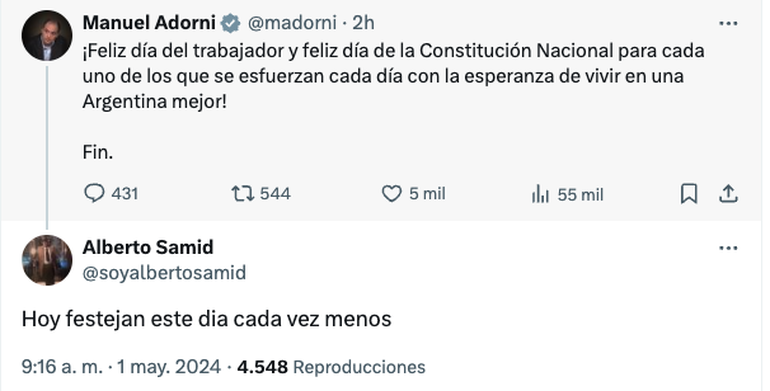 Manuel Adorni envío un mensaje por el Día del Trabajador Alberto Samid