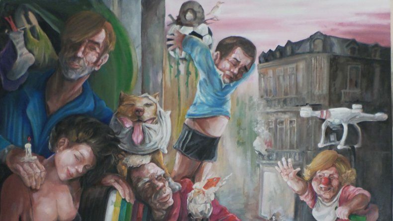 Alejandro tiene 37 años y vive en Centenario. Ha vendido obras en el exterior y hoy expone en Neuquén. Sus cuadros dialogan con el espectador en la lucha por sobrevivir en esta sociedad.