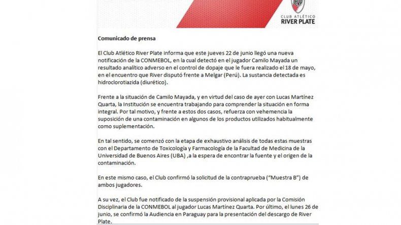 El club se comunicó oficialmente al cierre de la jornada.