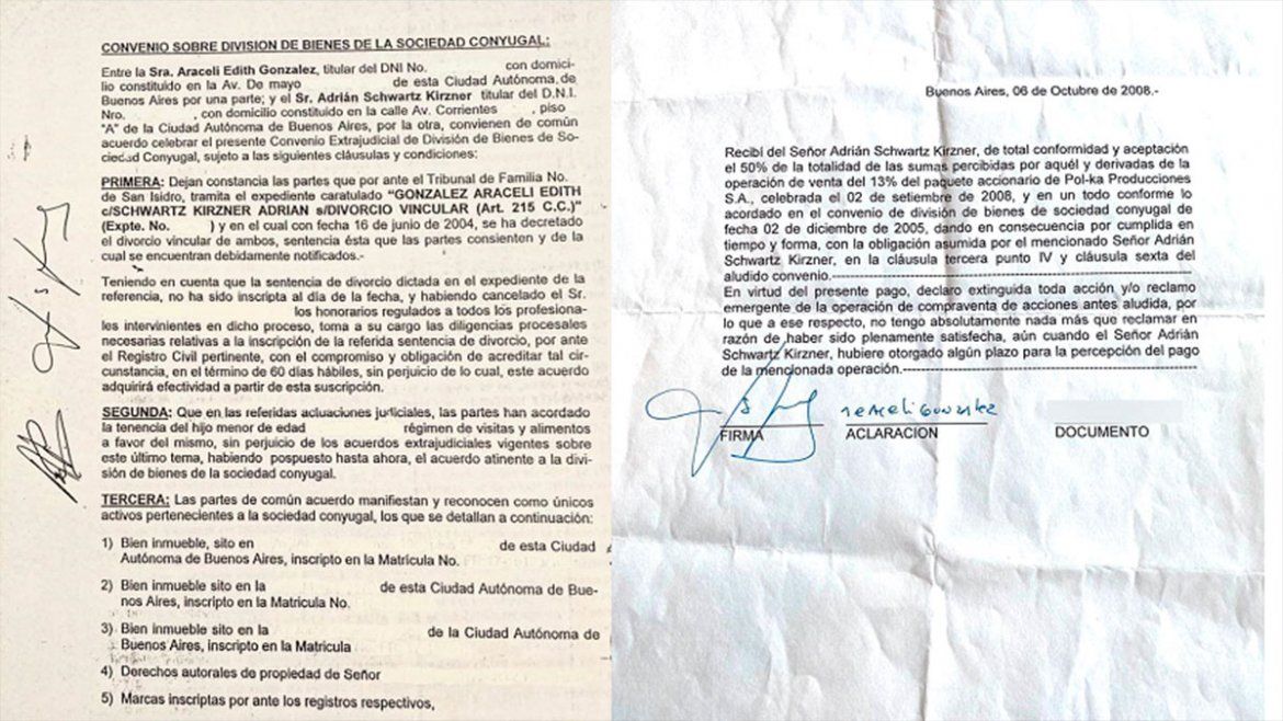 Convenio sobre división de bienes de la sociedad conyugal y firma de conformidad de Araceli González.