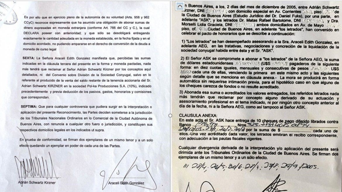 Documento del acuerdo entre Adrián Suar y Araceli González, certifacado y constancia de pago.