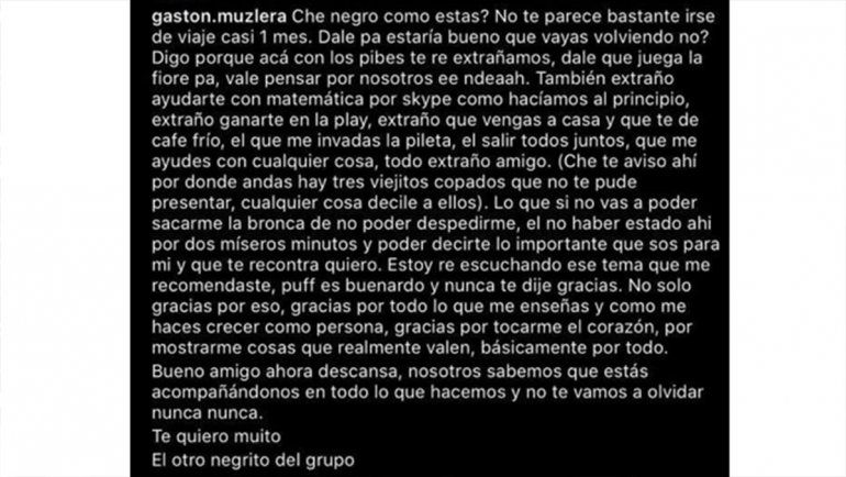 La carta de Gastón Muzlera, amigo de Fernando Báez Sosa.