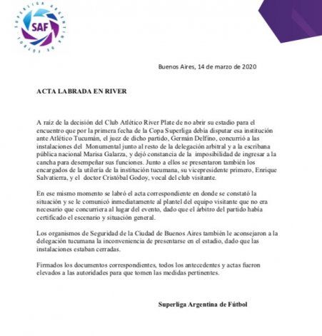 El acta que se le labró a River. 