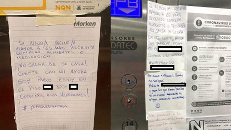 Los carteles de Pablo y Manuel para ayudar a sus vecinos mayores de 65 años, por el coronavirus.