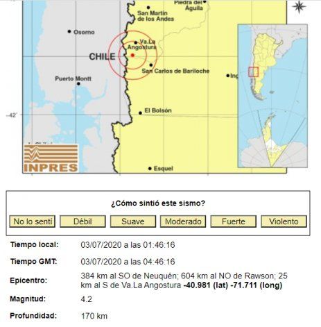Los datos del sismo en Villa La Angostura