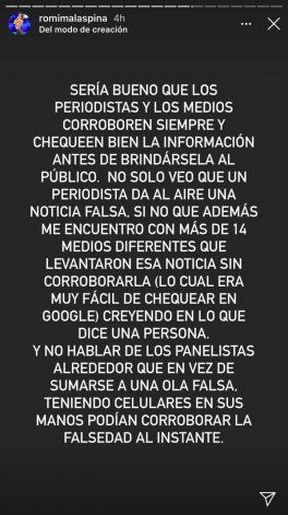 Romina Malaspina explicó en Instagram que la noticia que dio Carlos Monti no es real.