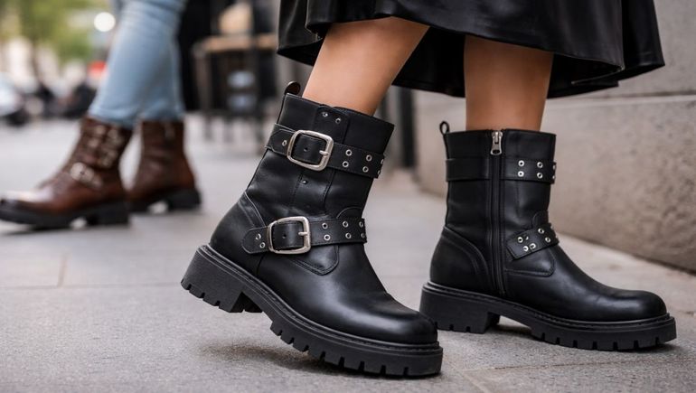 Las botas biker regresan como uno de los calzados más fuertes para la temporada otoño-invierno, combinando suela robusta y detalles metálicos.
