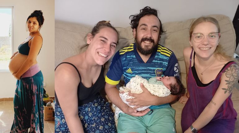 Sabina, embarazada y Jeremías, Priscila y Belén con Eva.