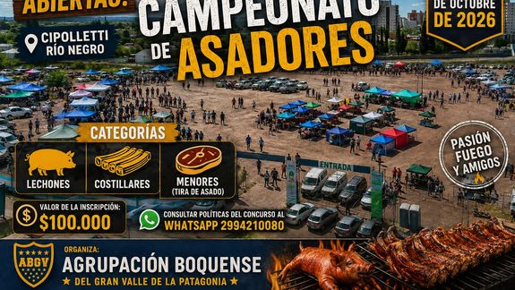 Se concretará los días 10 y 11 de octubre próximo el Segundo Campeonato de Asadores. La propuesta formará parte de las actividades que se desarrollarán con motivo del mes aniversario de Cipolletti. La ciudad cumple años el 3 de octubre.