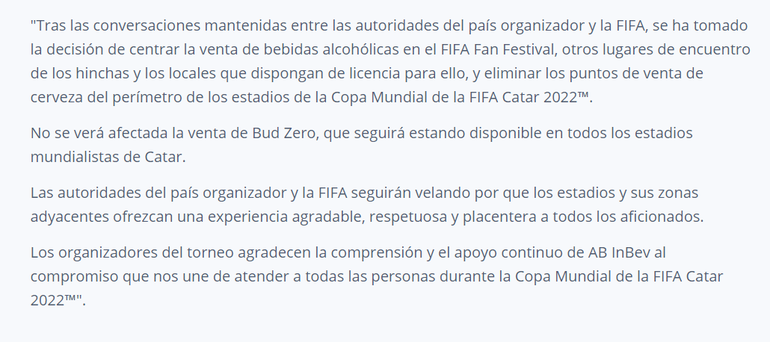 El comunicado oficial de la FIFA sobre la venta de alcohol en los estadios de Qatar 2022.