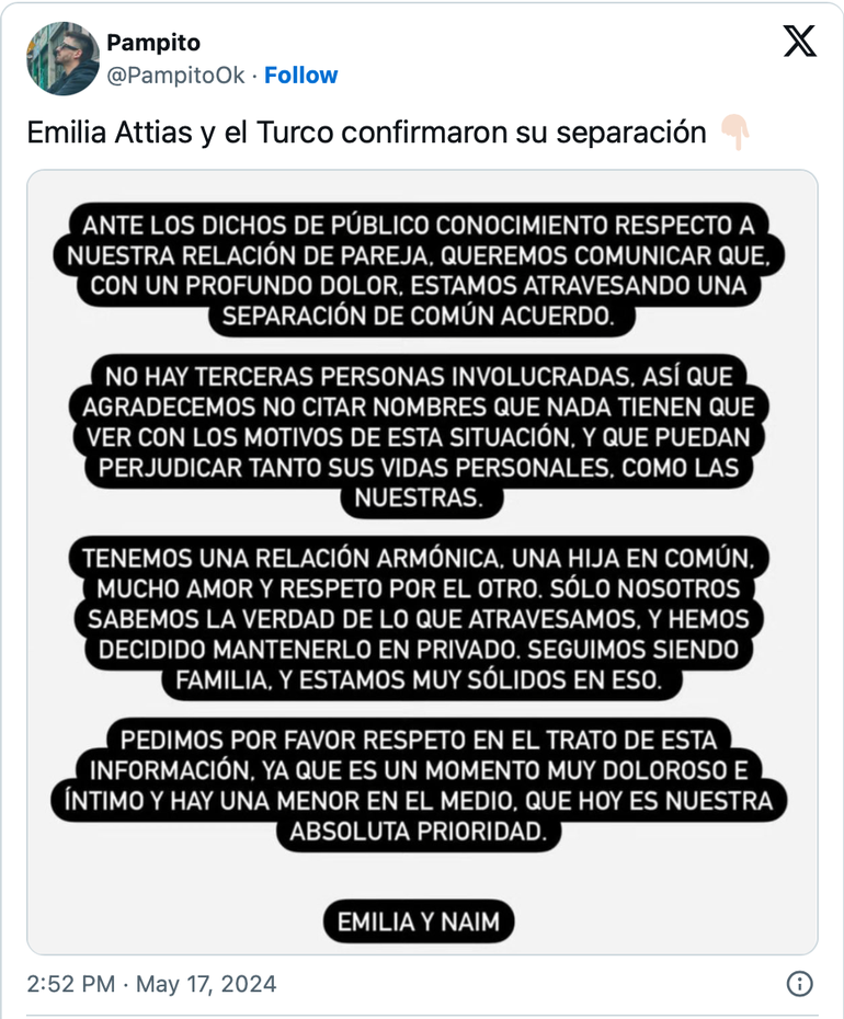 El comunicado que difundieron El Turco Naim y Emilia Attias, tras separarse. El comunicado que difundieron El Turco Naim y Emilia Attias, tras separarse. 