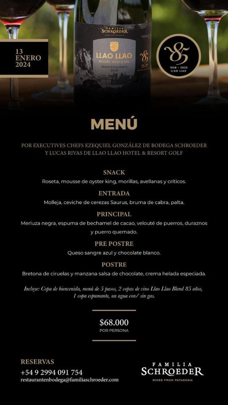 El menú del evento de Bodega Familai Schroeder y Llao Llao. El menú del evento de Bodega Familai Schroeder y Llao Llao. 