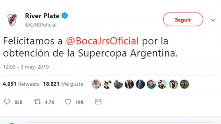 La felicitación con chicana subliminal incluida de River a Boca por la Supercopa