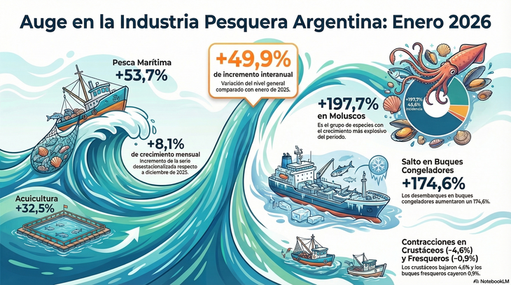 La producci&oacute;n industrial pesquera registr&oacute; un salto hist&oacute;rico del 49,9% interanual en enero de 2026. Gr&aacute;fico: Notebooklm
