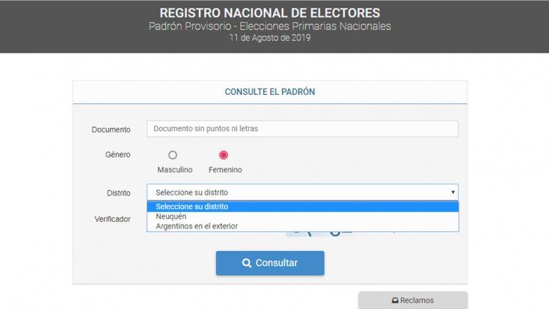 El padrón nacional sólo está disponible para Neuquén y Argentinos en el Exterior