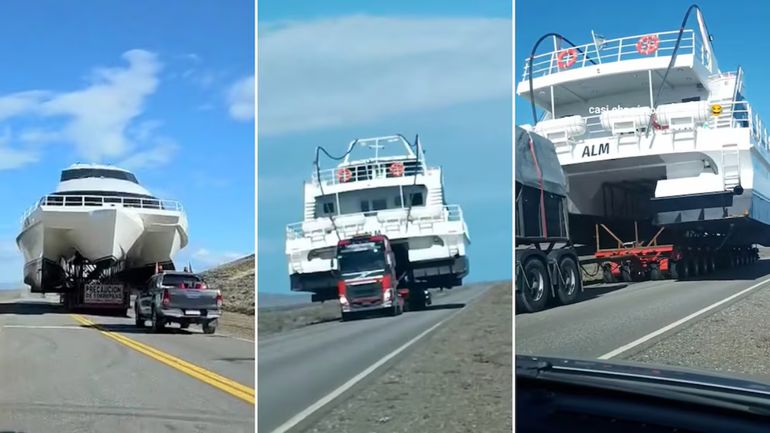 Un catamarán por la Ruta 40: la embarcación que obligó a frenar el tránsito en la Patagonia