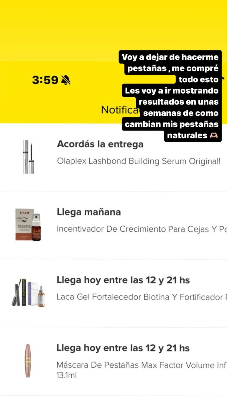 Los productos que se compró Tamara Báez para el crecimiento de sus pestañas naturales. Los productos que se compró Tamara Báez para el crecimiento de sus pestañas naturales.