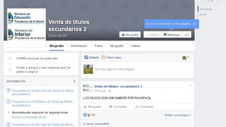 La página de Facebook que ofrece títulos del nivel medio falsos.