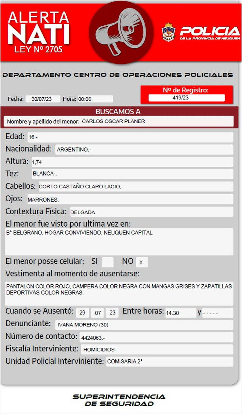 Al momento de su desaparición no llevaba su celular. Al momento de su desaparición no llevaba su celular.
