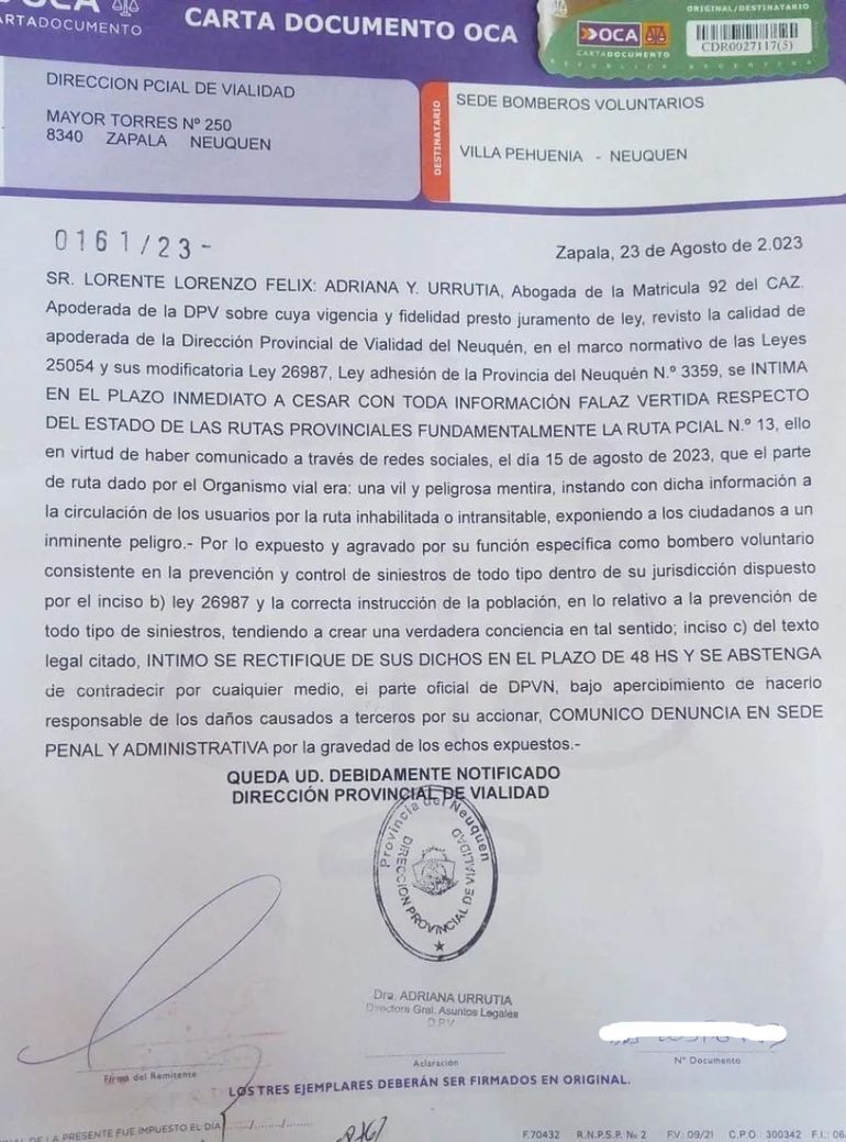 La carta documento que recibió el bombero Lorenzo Lorente de Villa Pehuenia por parte de Vialidad Provincial. Había filmado el mal estado de las rutas cordilleranas. La carta documento que recibió el bombero Lorenzo Lorente de Villa Pehuenia por parte de Vialidad Provincial. Había filmado el mal estado de las rutas cordilleranas.