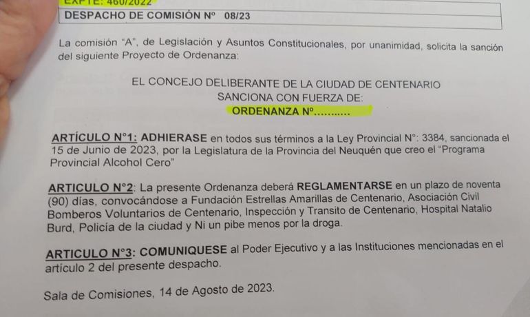 Después de meses, Centenario tiene una ley de de Alcohol Cero.