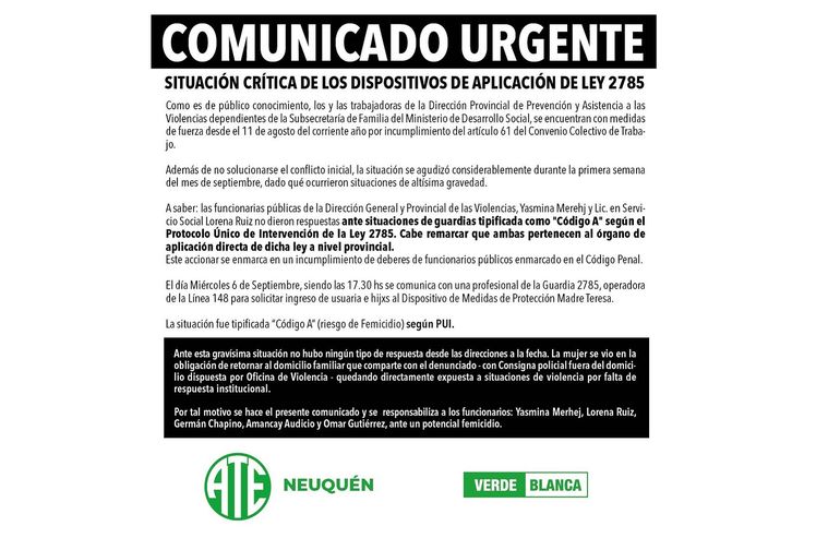 El comunicado de ATE para denunciar la falta de respuesta institucional en una situación con riesgo de femicidio. El comunicado de ATE para denunciar la falta de respuesta institucional en una situación con riesgo de femicidio.