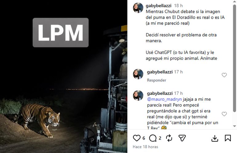 La foto que generó con IA una usuaria de Instagram para intentar demostrar cómo la imagen del puma en la ruta de Chubut es supuestamente falsa. La foto que generó con IA una usuaria de Instagram para intentar demostrar cómo la imagen del puma en la ruta de Chubut es supuestamente falsa.