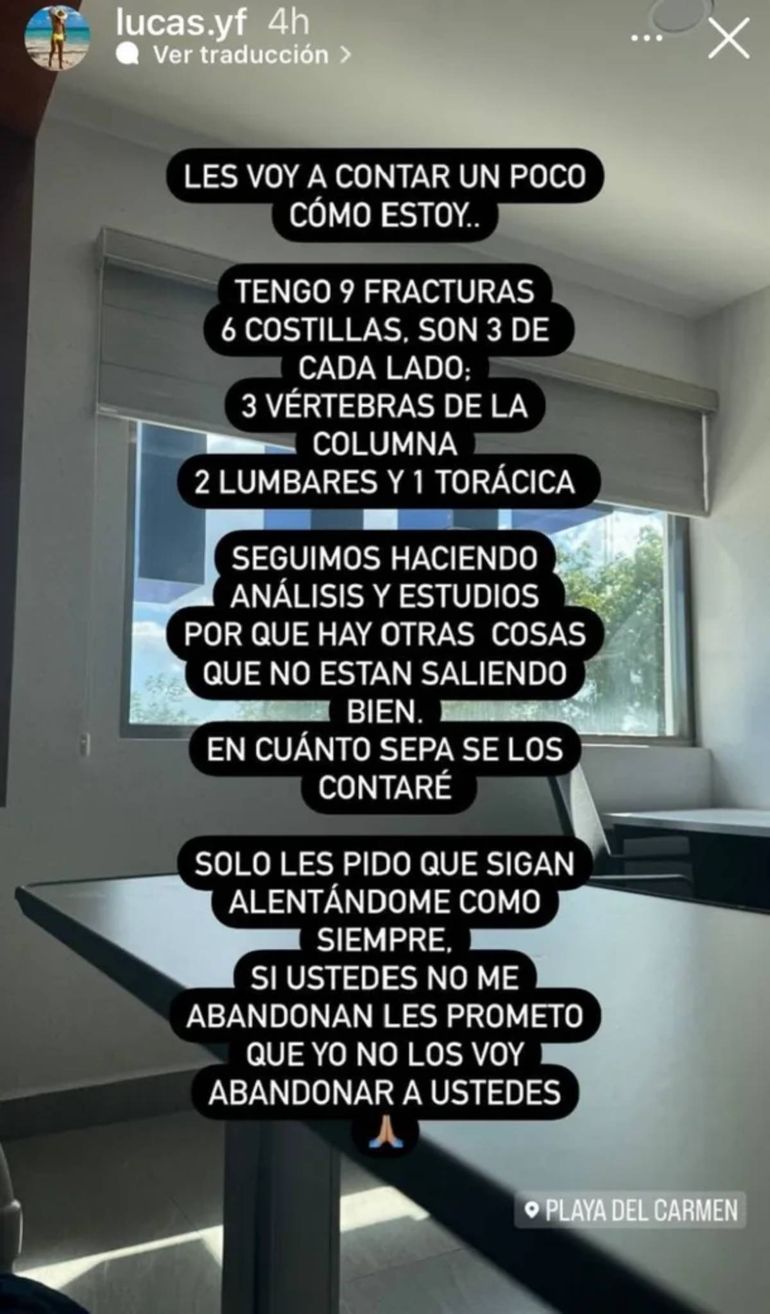 El argentino que sobrevivió al accidente en México contó que tiene 9 fracturas, 6 costillas, 3 vértebras de la columna, 2 lumbares y una torácica y que sigue con estudios. Foto: Instagram. El argentino que sobrevivió al accidente en México contó que tiene 9 fracturas, 6 costillas, 3 vértebras de la columna, 2 lumbares y una torácica y que sigue con estudios. Foto: Instagram.