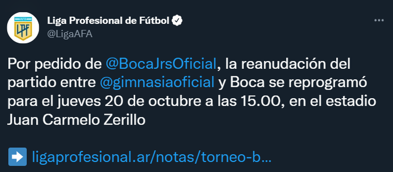 Los 81 minutos restantes del duelo entre Gimnasia de La Plata y Boca se completarán este jueves a las 15.00.