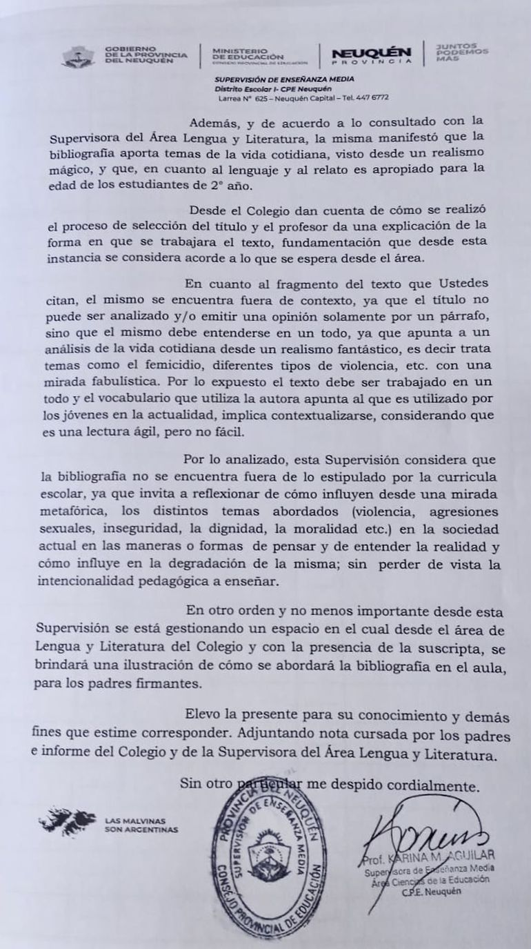 La nota de los padres al CPE por el libro