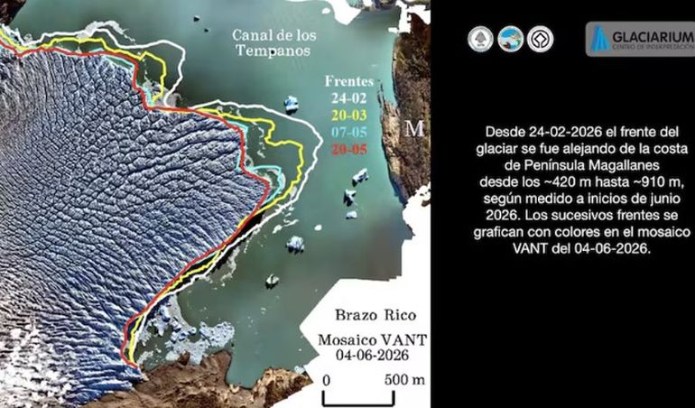 El informe de Glaciarium que muestra el retroceso del Glaciar Perito Moreno. El informe de Glaciarium que muestra el retroceso del Glaciar Perito Moreno.