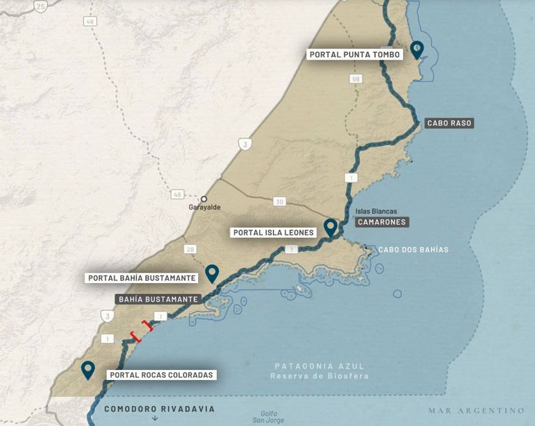 El recorrido de la Ruta Azul, en el sur costero de Chubut, de algo más de 450 kilómetros. 