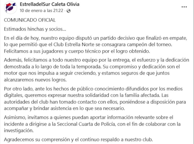 El comunicado del Club Estrella del Sur. El comunicado del Club Estrella del Sur.