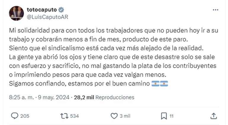 Luis Caputo se mostró contra el paro general, al igual que José Luis Espert. Luis Caputo se mostró contra el paro general, al igual que José Luis Espert.