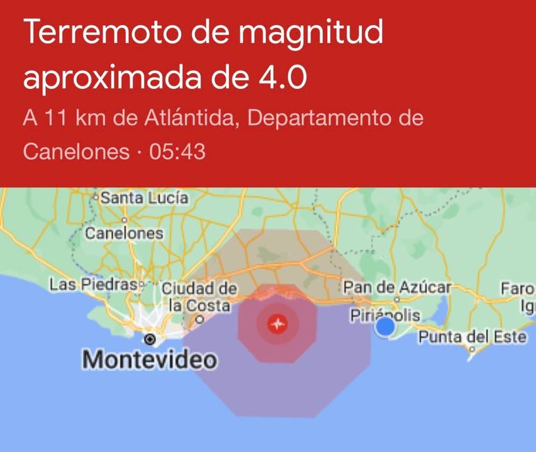 El terremoto en Uruguay, notificado por Google cerca de Atlántida (Canelones). El terremoto en Uruguay, notificado por Google cerca de Atlántida (Canelones).