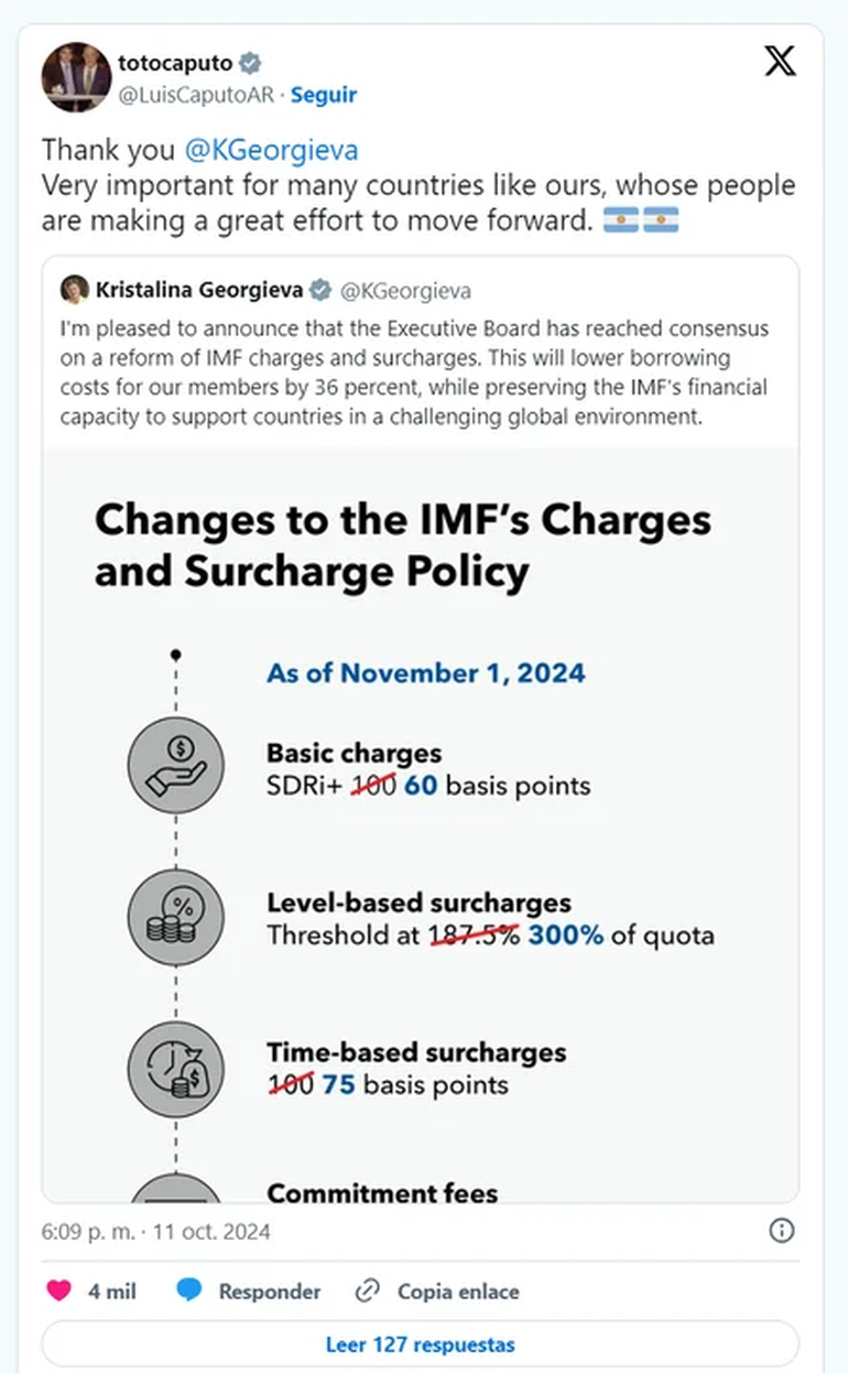 Luis Caputo agradeció el gesto del FMI que repercutirá en un fuerte ahorro para el Gobierno. Luis Caputo agradeció el gesto del FMI que repercutirá en un fuerte ahorro para el Gobierno.