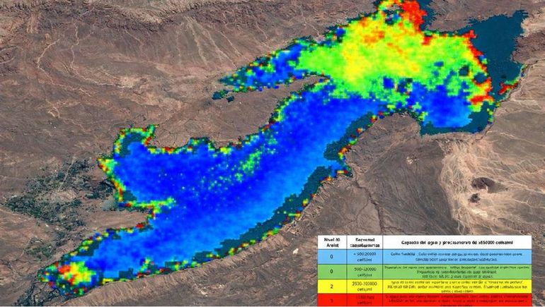 Ls manchas rojas son las zonas más perjudicadas por las cianobacterias en Villa el Chocón. Ls manchas rojas son las zonas más perjudicadas por las cianobacterias en Villa el Chocón.