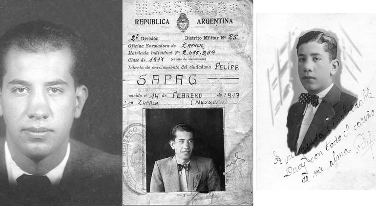 Felipe Sapag en su juventud. Una foto carnet, el documento y una postal que le dedicó a una novia en su adolescencia.