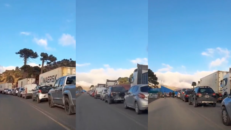 El paso Pino Hachado con cientos de autos esperando cruzar a Chile / Foto Gentileza
