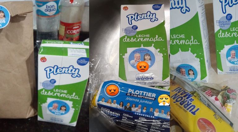 El particular sticker de un candidato de Plottier en leches larga vida y queso