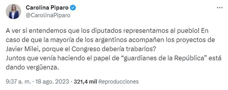 El tweet de Carolina Píparo que le generó varias críticas. El tweet de Carolina Píparo que le generó varias críticas.