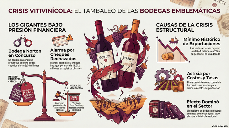  La caída de Norton y Bianchi revela una crisis sistémica en la vitivinicultura nacional. Infografía: NotebookLM