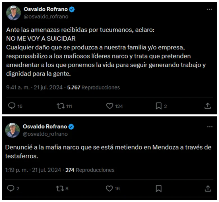 Los mensajes del empresario en sus redes sociales, anticipando una potencial situaci&oacute;n de peligro.