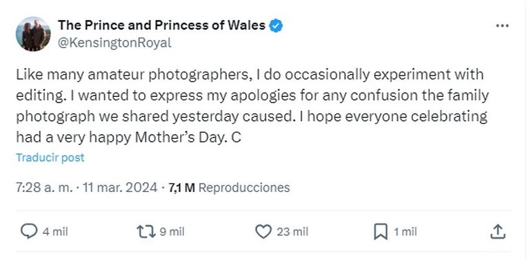 El posteo en Twitter de Kate Middleton. El posteo en Twitter de Kate Middleton.