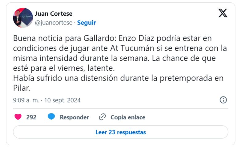 Juan Cortese anunció que Enzo Díaz volverá a estar disponible para Gallardo Juan Cortese anunció que Enzo Díaz volverá a estar disponible para Gallardo