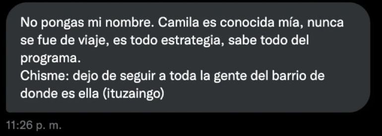 Uno de los tantos mensajes de conocidos de Camila que revelan sus mentiras.