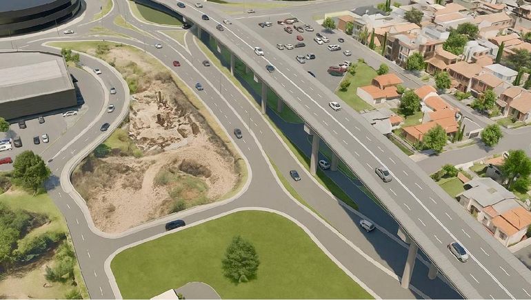 Así quedaría el puente elevado de ingreso a Neuquén. La calle Salta será la salida por abajo. Imagen recreada.