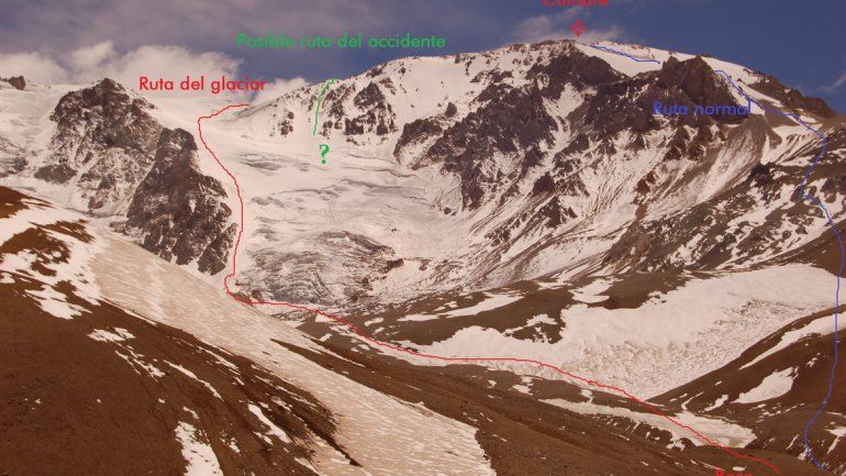 La ruta que tomaron los andinistas (en rojo) y el lugar donde pudo haber ocurrido el accidente (en verde).