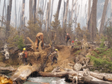 El trabajo en equipo para trasladar equipamiento. Foto: Combatiente Luciano Lobos (Base de Servicio Lago Puelo).
