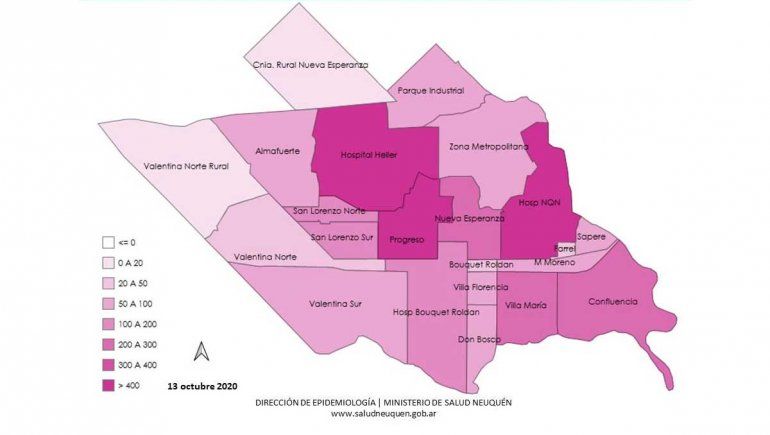 Casos confirmados activos de Covid-19 en la ciudad de Neuquén por área.